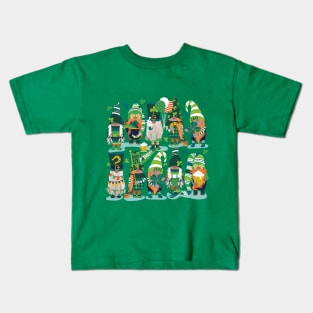 Saint Patricks gnomes // spot illo // aqua background parade with green and orange gnomes Leprechaun shamrock four leaf clovers Irish Ireland folklore Kids T-Shirt